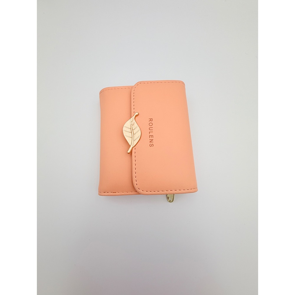 Roulens Peach Trifold Wallet Leaf Charm Vegan Leather Card Holder Coin Purse